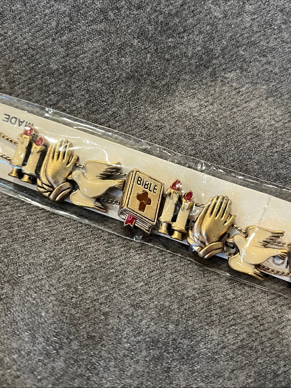 Vtg Goldtone Bible Slide-charm Bracelet-NIP